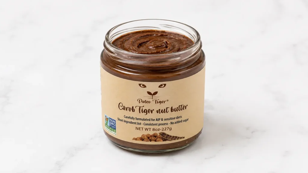 8oz jar of Paleo Tiger carob tiger nut butter — AIP-friendly, nut-free spread