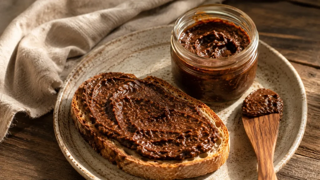  Grain-free toast spread with Paleo Tiger carob tiger nut butter next to an open jar with a wooden knife