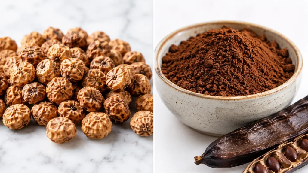 Raw tiger nuts on the left and carob powder in a ceramic bowl on the right — the two main ingredients in carob tiger nut butter