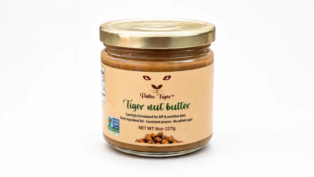 Paleo Tiger original tiger nut butter AIP-friendly 8oz glass jar — front label view
