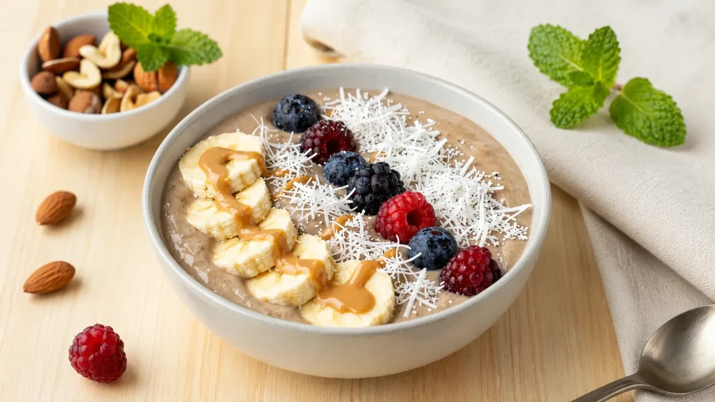 Tiger nut butter smoothie bowl with banana and coconut — an AIP-friendly breakfast idea using Paleo Tiger tiger nut butter