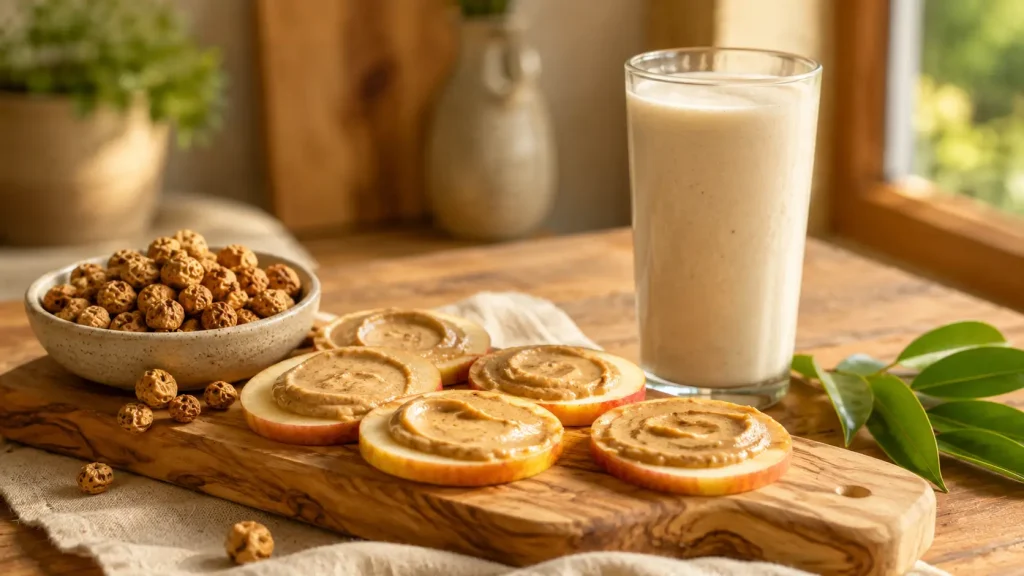 Coconut tiger nut butter served with apple slices and smoothie