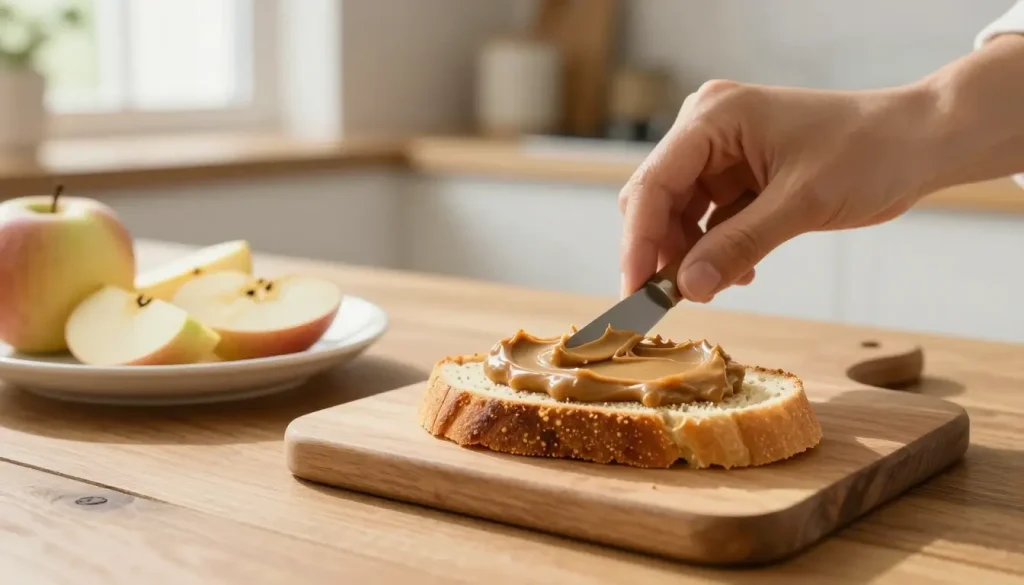 Person spreading tiger nut butter on grain-free cassava bread as a healthy AIP-friendly breakfas