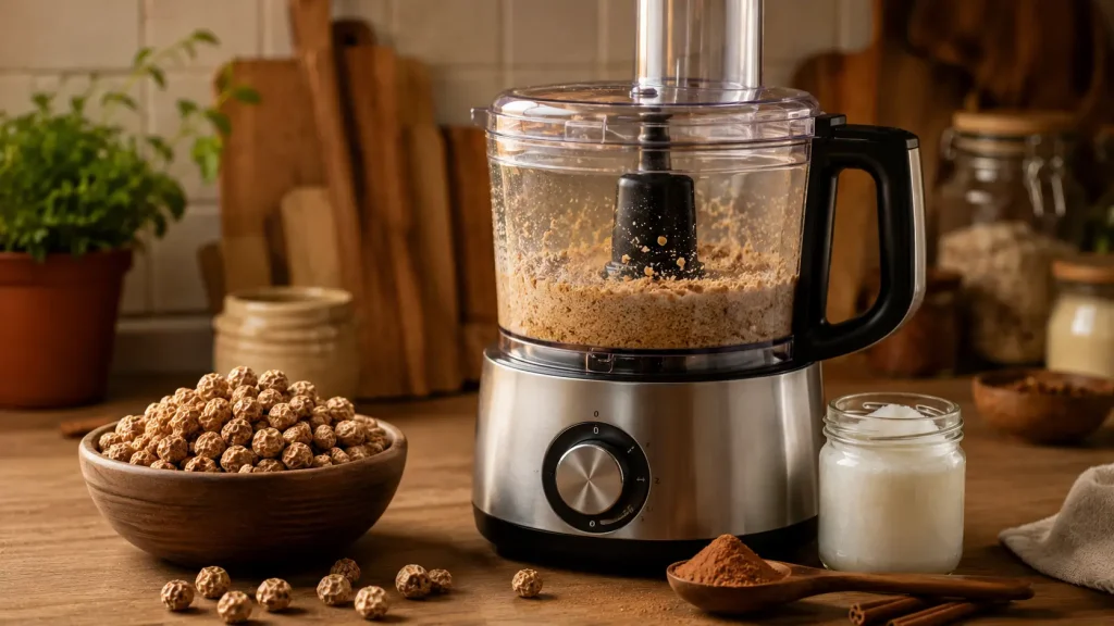 Food processor blending tiger nuts to make homemade 