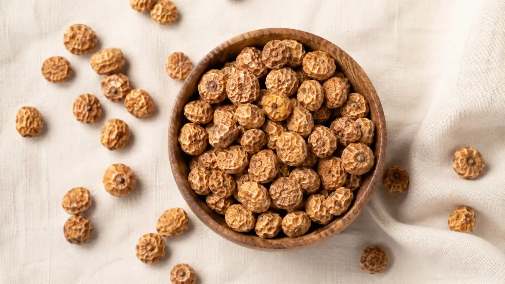 Raw dried tiger nuts in a wooden bowl showing their natural golden-brown texture
