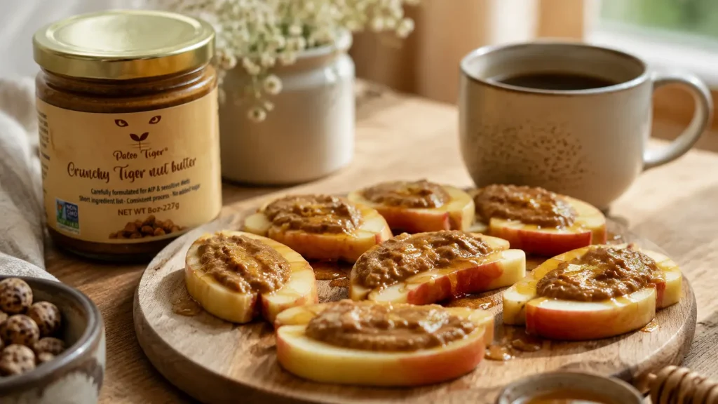 Apple slices with crunchy tiger nut butter
