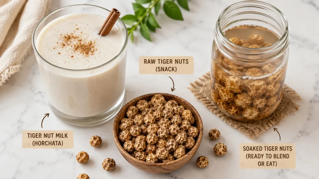 Whole tiger nuts uses — milk, snack, soaked